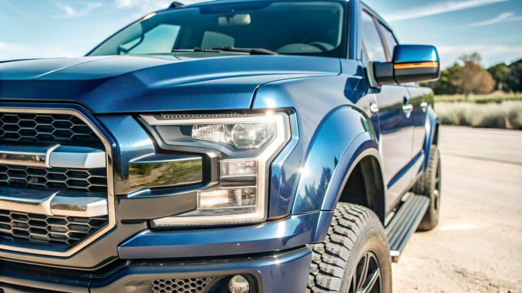 Ceramic coating on a blue pickup truck with chrome trim.